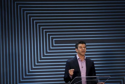 Travis Kalanick durante su discurso en la sede de Uber.