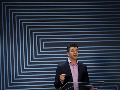 Travis Kalanick durante su discurso en la sede de Uber.