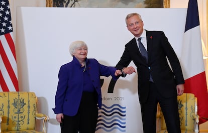 A secretária do Tesouro dos EUA, Janet Yellen, e o ministro da Economia da França, Bruno Le Maire, na reunião do G7.