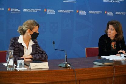 A la izquierda, la ministra de Trabajo y Economía Social, Yolanda Díaz, con la ministra de Trabajo, Solidaridad y Seguridad Social de Portugal, Ana Mendes Godinho.