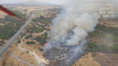 El incendio de pastos y arbolado desatado en Colmenar Viejo en horas de la tarde de este lunes.