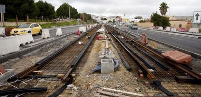 Obras del tranv&iacute;a en Chiclana de la Frontera (C&aacute;diz).