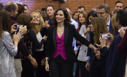 La presidenta de la comunidad de Madrid, Isabel Díaz Ayuso, durante la cena de Navidad del PP madrileño, el lunes.