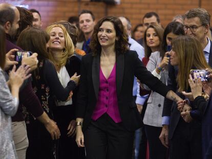 La presidenta de la comunidad de Madrid, Isabel Díaz Ayuso, durante la cena de Navidad del PP madrileño, el lunes.