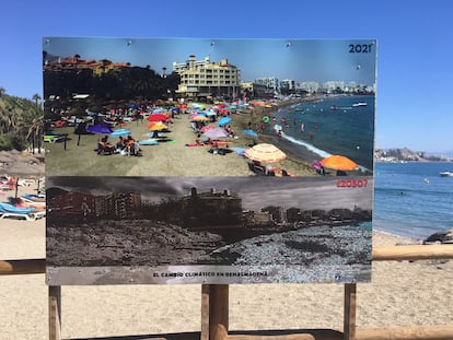 Una fotografía del futuro posible de una playa de Benalmádena (Málaga) para concienciar sobre el cambio climático.