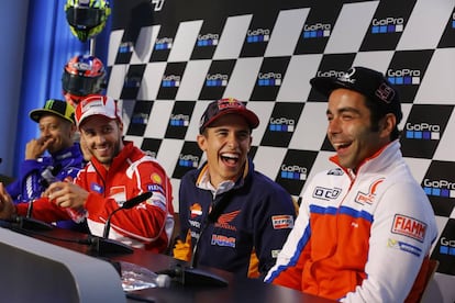 Dovizioso, Márquez y Petrucci, en la conferencia de prensa de este jueves en Sachsenring.