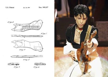 Os desenhos dos instrumentos que o rei do pop tocava em seus espetáculos eram tão futuristas e excêntricos quanto o seu estilo. Alguns ele mesmo projetou, como este teclado portátil <a href="https://patents.google.com/patent/USD349127?oq=prince+rogers+nelson" rel="nofollow" target="_blank">patenteado em 1992</a>.