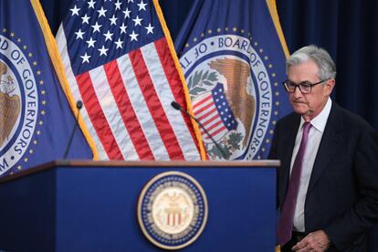 Federal Reserve Board Chairman Jerome Powell arrives to speak during a news conference on June 14, 2023.