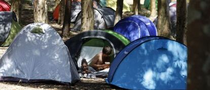 Campistas en el &aacute;rea de acampada libre de la isla de Ons que ser&aacute; privatizada.