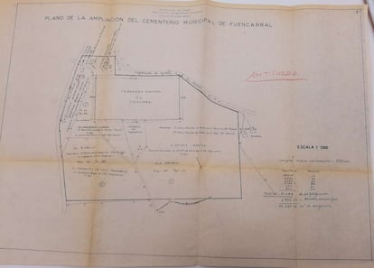 Plano de ampliación del Cementerio de Fuencarral del año 1964 encontrado en los Archivos de la Villa. El plano marca la base de la vaguada a partir del punto que dice "Hito"