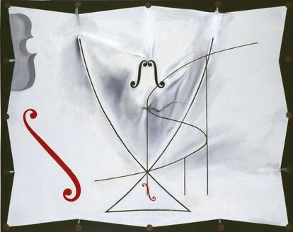 SALVADOR DALÍ. Sans Titre. « Queue d’aronde » et violoncelles, 1983  Huile sur toile - 73,2 x 92,2 cm. Fundació Gala-Salvador Dalí, Figueres  © Salvador Dalí, Fundació Gala-Salvador Dalí / Adagp, Figueres, Paris, 2012