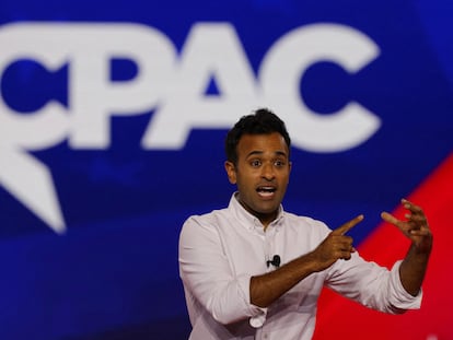 Vivek Ramaswamy addresses the Conservative Political Action Conference in Dallas, Texas, last August.