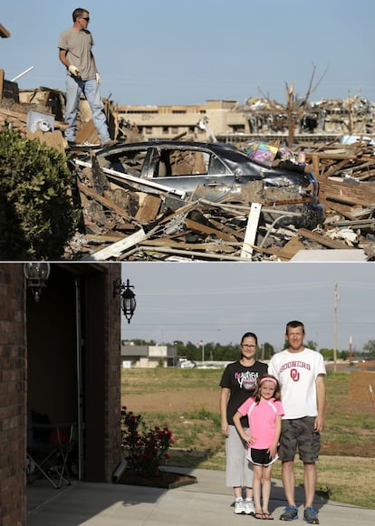 En la imagen de arriba, Ben Osborne contempla la escena de destrucción tras el paso del tornado el 22 de mayo de 2013. Abajo Osborne posa con su hija Hannah y su mujer Deidra, en el lugar donde se refugiaron ellos y 13 de sus vecinos, durante el paso del tornado el 8 de mayo de 2014.