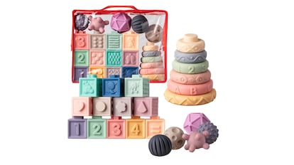 Ideal gifts for 1 year old babies: teething toys with number, letter and shape pieces.