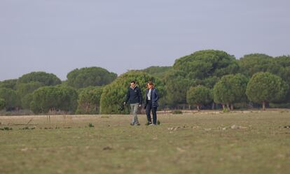El presidente de la Junta de Andalucía, Juanma Moreno, y la vicepresidenta tercera y ministra de Transición Ecológica, Teresa Ribera, en Doñana este lunes.
