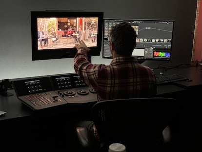 One of the colorists at the Company 3 studio reviews a scene he is working on.