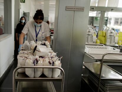 Una sanitaria transporta las bolsas de transfusión de sangre para pesarlas y posteriormente introducirlas en la centrifugadora para separar sus componentes en el Centro de Transfusión de la Comunidad de Madrid.