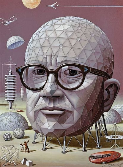 Buckminster Fuller, Bucky para los amigos, recorri el mundo ms de 30 veces dando unas 6.000 conferencias. Adems escribi en sus 87 a?os de vida nueve libros sin puntuacin, y sus propias andanzas y pensamientos los iba recogiendo en diarios llenos no solo de palabras sino tambin de dibujos, porque Bucky era para si mismo un experimento y autodenominaba "Conejillo de Indias B". En la imagen un retrato de Boris Artzybasheff (Museo Whitney de Nueva York).