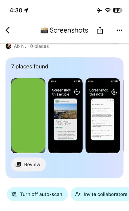 Selección de una captura de pantalla en Google Maps para iPhone