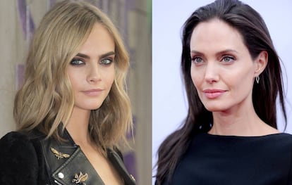 La modelo Cara Delevingne y, a la derecha, la actriz Angelina Jolie.