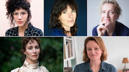 De izquierda a derecha, las autoras Mariana Salomão Carrara, Rachel Cusk, Elizabeth Strout, Miranda July y Jessica Anthony.