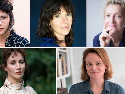 De izquierda a derecha, las autoras Mariana Salomão Carrara, Rachel Cusk, Elizabeth Strout, Miranda July y Jessica Anthony.