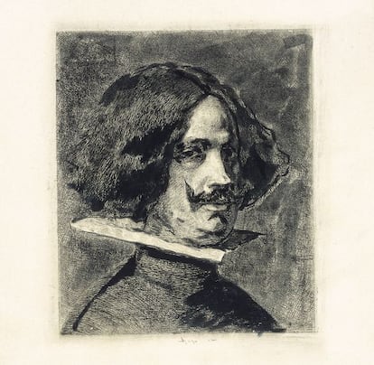 Grabado con la cara de Velázquez, última estampa que realizó Mariano Fortuny, que se puede ver en el MNAC.