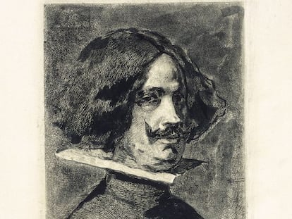 Grabado con la cara de Velázquez, última estampa que realizó Mariano Fortuny, que se puede ver en el MNAC.