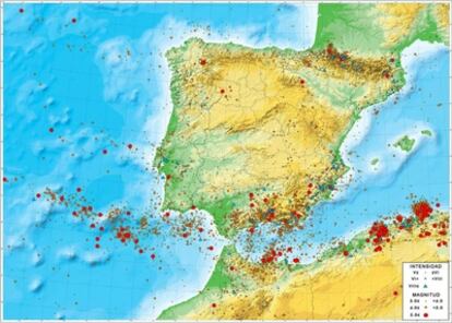 Mapa de sismicidad de la Península Ibérica y zonas próximas