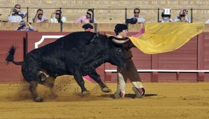 El diestro Esa&uacute; Fern&aacute;ndez recibe a portagayola a su primero de la tarde, en la Maestranza de Sevilla.
 