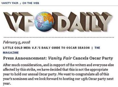 La <i>web</i> de <i>Vanity Fair</i> con el anuncio de la cancelación de la fiesta.