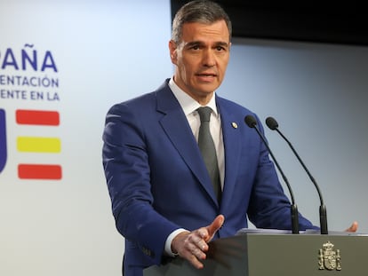 El presidente del Gobierno, Pedro Sánchez, en la rueda de prensa posterior al Consejo Europeo.