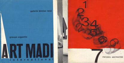 Composición de 1958 de Gyula Kosice para <i>Grupo argentino Internacional Art Madi </i>y, a la derecha, portada de <i>7 pintores abstractos</i> (1957).