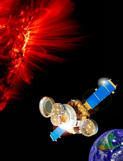 Ilustración de la sonda espacial <i>Génesis</i> que capturó muestras de viento solar a 1.500 millones de kilómetros de la Tierra.