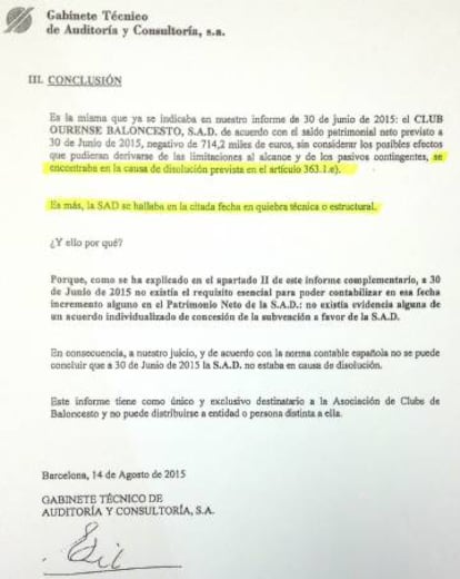 Informe encargado por la ACB, con fecha 14 de agosto de 2015, que recoge que el Ourense se hallaba a 30 de junio de 2015 "en quiebra técnica o estructural”