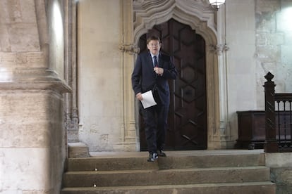 The premier of Valencia, Ximo Puig, after the weekly conference call between Pedro Sánchez and regional leaders on Sunday.