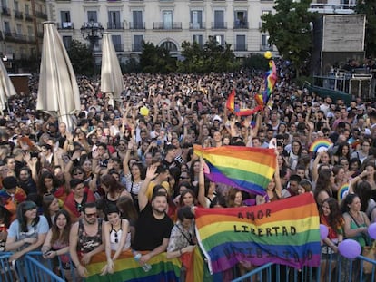 Pregón de la fiesta del Orgullo en la Plaza de Pedro Zerolo de Madrid.