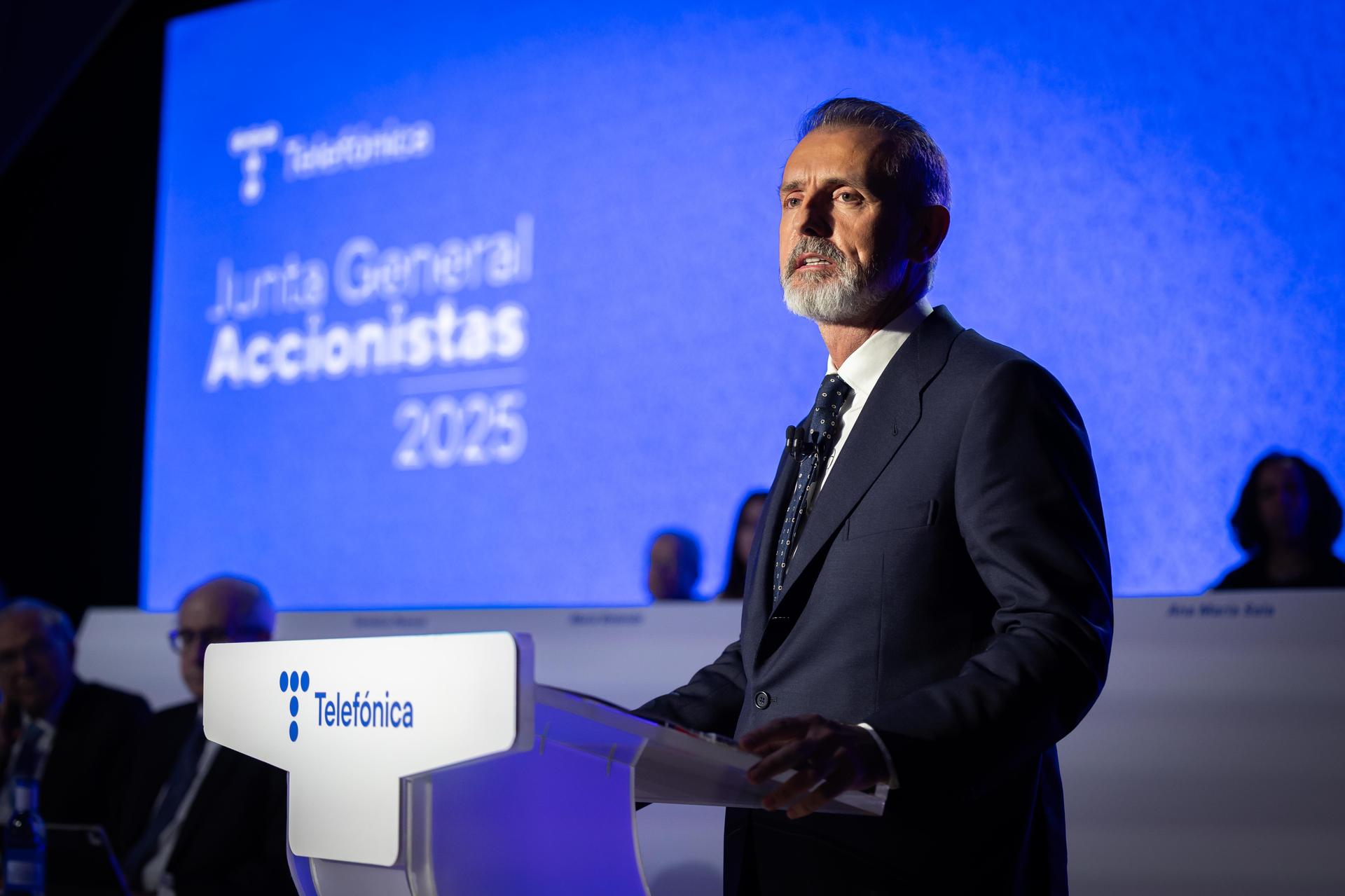 El presidente ejecutivo de Telefónica, Marc Murtra, durante la junta de accionistas, el pasado 10 de abril. 
