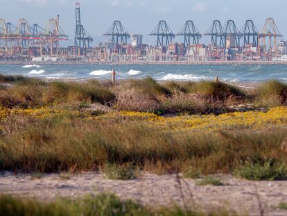 El puerto de Valencia desde la playa de El Saler.