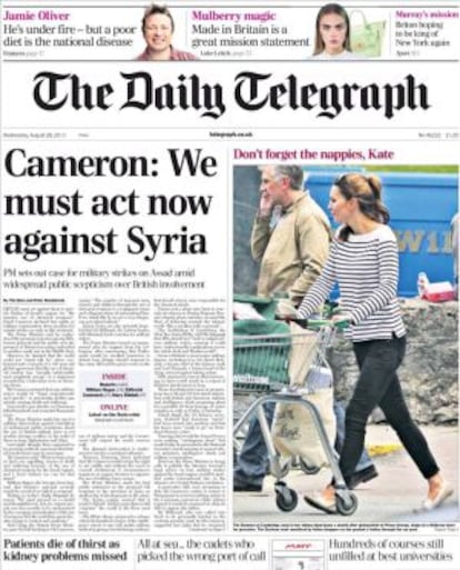 Portada de la edici&oacute;n del mi&eacute;rcoles 28 de agosto de 2013 del peri&oacute;dico &#039;The Daily Telegraph&#039;.