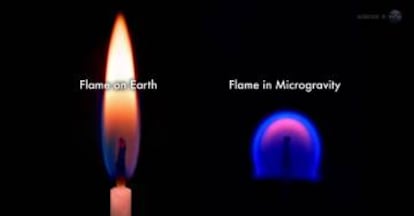 Comparación de una llama en la Tierra y en microgravedad.