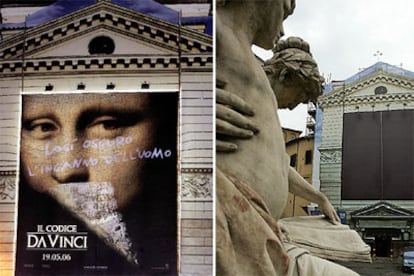Cartel publicitario de <i>El código Da Vinci</i> en la iglesia de San Pantaleón, en Roma, el martes (a la izquierda), y ayer ennegrecido.