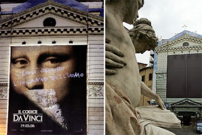 Cartel publicitario de <i>El código Da Vinci</i> en la iglesia de San Pantaleón, en Roma, el martes (a la izquierda), y ayer ennegrecido.