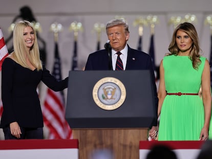 U.S. President Donald Trump looks on alongside to U.S. first lady Melania Trump and White House Senior Adviser Ivanka Trump before delivering his acceptance speech as the 2020 Republican presidential nominee during the final event of the Republican National Convention on the South Lawn of the White House in Washington, U.S., August 27, 2020. REUTERS/Carlos Barria