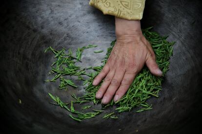 Ceremonia del té Longjing en la que agricultores chinos utilizan técnicas tradicionales con las manos, en el festival de Hangzhou, China. 28 de marzo de 2014.