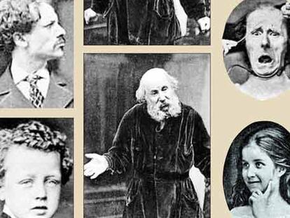 En el centro, arriba y abajo, Charles Darwin. A su alrededor, ejemplos de emociones que aparecen en su libro de 1872.