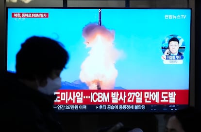 A TV screen shows a file image of North Korea's missile launch during a news program at the Seoul Railway Station in Seoul, South Korea, Sunday, Jan. 14, 2024.