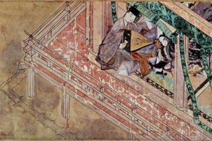 Ilustración del siglo XII para el 'Genji monogatari', en la que el príncipe Niou-no-miya consuela a su esposa, la princesa Uji.