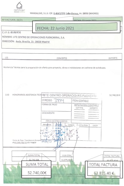 Factura emitida en junio de 2021 por Mansaluve, empresa de Pablo Pradillo, jefe de División de la EMT, para cobrar por ayudar a la constructora.