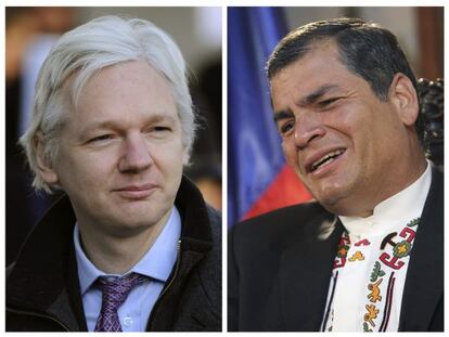 Composición de las fotografías de Julian Assange (izqda.) y el presidente de Ecuador, Rafael Correa (dcha.)
